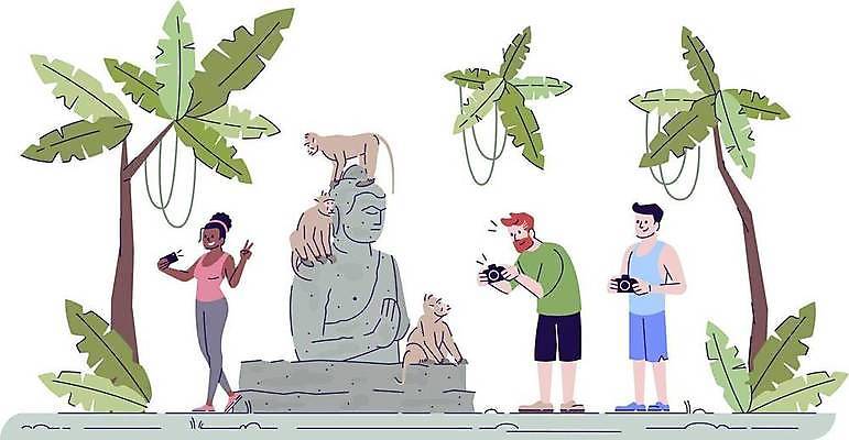 EPS 해외이미지 전신 여자 남자 여행 일러스트 휴가 휴식 성인 세명 야자수 조각상 사진촬영 원숭이 인도네시아 성인만 해외일러스트 나무 아시아 컨셉 포유류 사람 조형물 촬영 파일형식 벡터 이미지허브