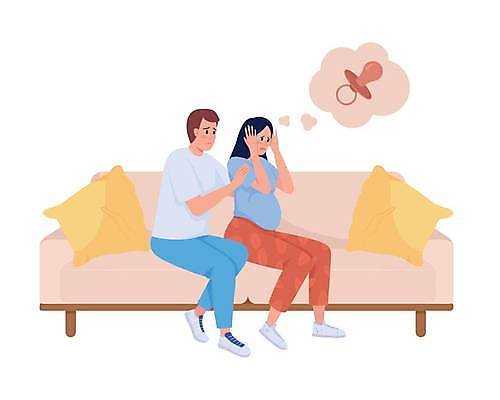 EPS 해외이미지 여자 남자 말풍선 쿠션 일러스트 성인 두명 소파 임산부 노리개젖꼭지 걱정 우울증 성인만 산후우울증 해외일러스트 감정 의자 사람 임신 아기용품 질병 파일형식 벡터 이미지허브