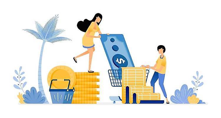 EPS 해외이미지 전신 식물 여자 남자 지폐 일러스트 비즈니스 성인 두명 쇼핑 야자수 바구니 동전 카트 시장 구매 영수증 성인만 해외일러스트 나무 돈 사람 금융 파일형식 벡터 이미지허브