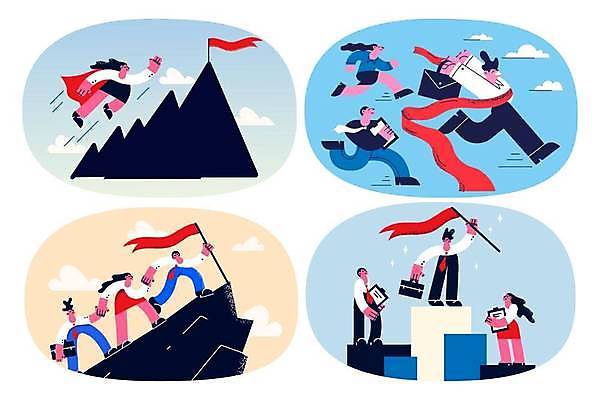 EPS 해외이미지 전신 여자 남자 일러스트 비즈니스 협력 산 함께함 서기 들기 여러명 성인 달리기 손잡기 비행 비즈니스맨 비즈니스우먼 동료 오르기 골인 결승 결승끈 우수사원 성인만 해외일러스트 다수 컨셉 관계 모션 사람 직장인 결승선 파일형식 벡터 이미지허브