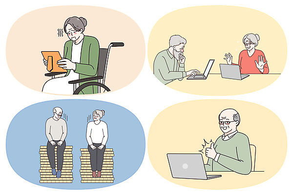 JPG 해외이미지 전신 라이프스타일 응시 여자 할아버지 노년 남자 할머니 액자 일러스트 들기 앉기 여러명 상반신 노트북 실버라이프 노후 손들기 최고 연습 휠체어 노후자금 동전탑 노인만 해외일러스트 시선 다수 모션 사람 성인 생활 전자제품 쌓기 동전 성인만 파일형식 이미지허브