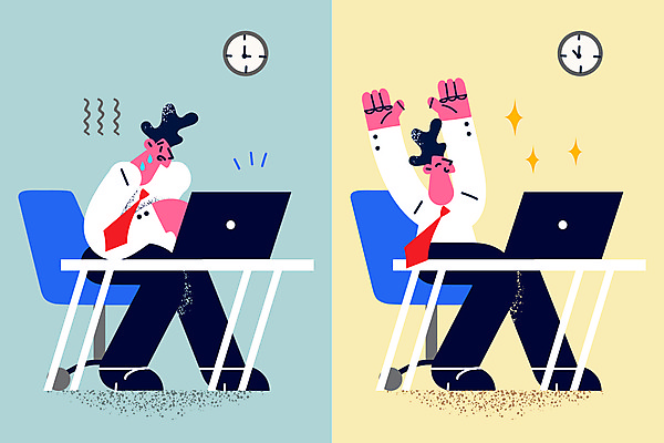 JPG 해외이미지 전신 남자 시계 의자 일러스트 비즈니스 앉기 성인 두명 노트북 만세 업무 비즈니스맨 끝 책상 바쁨 성인남자만 해외일러스트 가구 모션 사람 전자제품 작업 직장인 남자만 성인만 파일형식 이미지허브