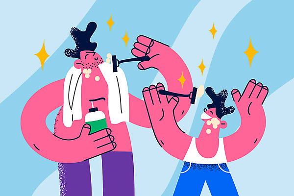 해외이미지 라이프스타일 남자 어린이 일러스트 수염 함께함 들기 소년 상반신 성인 수건 면도 면도기 면도크림 남자만 해외일러스트 해외포토 포토 컨셉 모션 사람 생활 위생용품 이미지허브