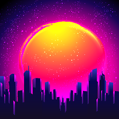 JPG 해외이미지 실루엣 일러스트 사람없음 건물 태양 보라색 도시 사이버 복고 네온 테크노 해외일러스트 자연요소 건축물 컬러 촬영기법 파일형식 이미지허브