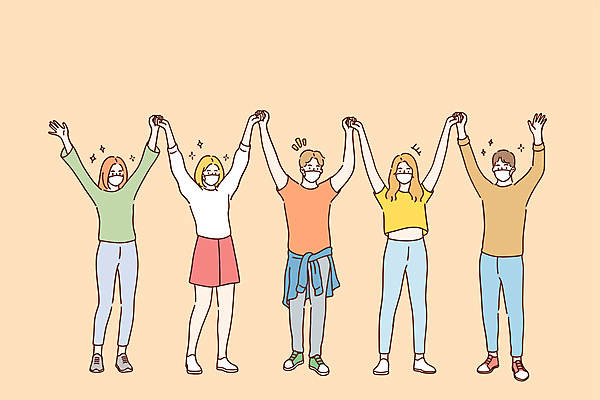 JPG 해외이미지 전신 여자 남자 감정 일러스트 마스크 서기 성인 노란색 손잡기 만세 성인만 코로나바이러스 델타변이바이러스 오미크론 해외일러스트 컬러 모션 사람 바이러스 파일형식 이미지허브