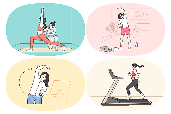 JPG 해외이미지 전신 라이프스타일 여자 스포츠 일러스트 요가 건강 여러명 상반신 성인 노트북 달리기 운동 고양이 스트레칭 매트 체육관 런닝머신 성인여자만 홈트레이닝 해외일러스트 웰빙 다수 포유류 모션 사람 생활 전자제품 반려동물 운동기구 여자만 성인만 파일형식 이미지허브