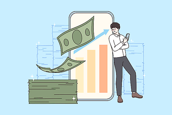 JPG 해외이미지 전신 응시 남자 돈 일러스트 비즈니스 성공 한명 들기 성인 금융 스마트폰 팔짱 기댐 비즈니스맨 재산 돈다발 주식 투자 이익 수익 수입 자금 성인남자한명만 해외일러스트 1 시선 컨셉 모션 사람 경제 핸드폰 스마트기기 직장인 남자한명만 성인남자만 파일형식 이미지허브