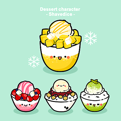 캐릭터 일러스트 디저트 눈꽃 사람없음 귀여움 눈송이 빙수 팥빙수 딸기빙수 망고빙수 녹차빙수 월간캐릭터 디저트캐릭터 일러캐릭터 AI파일 음식 컨셉 눈_날씨 파일형식 벡터
