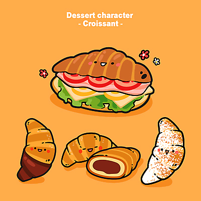 캐릭터 꽃 일러스트 디저트 사람없음 귀여움 크루아상 크림 슈가파우더 초코맛 크루아상샌드위치 월간캐릭터 디저트캐릭터 일러캐릭터 AI파일 식물 음식 빵 컨셉 샌드위치 초콜릿 맛 파일형식 벡터