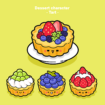 캐릭터 접시 일러스트 디저트 사람없음 귀여움 크림 청포도 블루베리 과일타르트 딸기타르트 타르트 월간캐릭터 디저트캐릭터 일러캐릭터 AI파일 식기 음식 빵 컨셉 과일 포도 파이_빵 파일형식 벡터