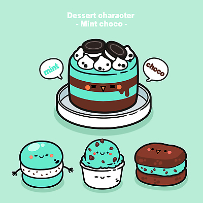 캐릭터 일러스트 아이스크림 디저트 사람없음 귀여움 케이크 초콜릿 민트 마카롱 민트초코 월간캐릭터 디저트캐릭터 일러캐릭터 AI파일 음식 컨셉 허브 파일형식 벡터
