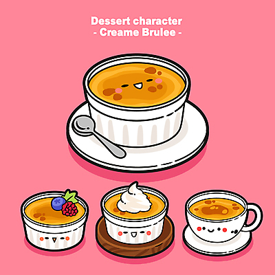 캐릭터 접시 일러스트 디저트 사람없음 귀여움 숟가락 머그컵 컵받침 크림 크렘브륄레 월간캐릭터 디저트캐릭터 일러캐릭터 AI파일 식기 음식 컨셉 수저 컵 받침대 파일형식 벡터