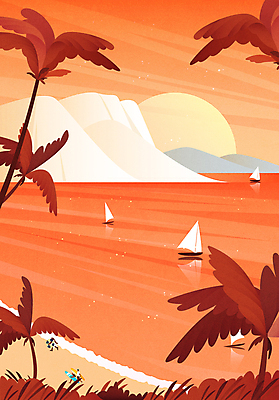 전신 여자 남자 여유 여행 요트 일러스트 휴식 성인 해변 세명 여름 여름휴가 바캉스 야자수 태양 반사 걷기 노을 주황색 고요 일몰 서핑보드 저녁 성인만 국내일러스트 AI파일 자연요소 나무 계절 감정 바다 컬러 컨셉 배_교통 모션 휴가 사람 보드_스포츠 야간 파일형식 벡터 여름_계절