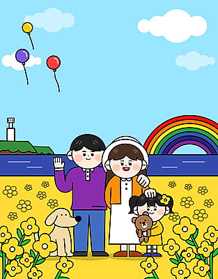 전신 구름 한마리 여자 남자 딸 반려견 어린이 바다 무지개 꽃밭 일러스트 봄꽃 가족 하늘 엄마 휴식 가족여행 등대 서기 들기 소녀 성인 세명 반려동물 곰인형 아빠 강아지 유채 손인사 풍선 꽃구경 봄여행 어깨에손 국내일러스트 AI파일 자연요소 동물 1 꽃 인형 여행 컨셉 관계 모션 사람 봄 인사 개 파일형식 벡터