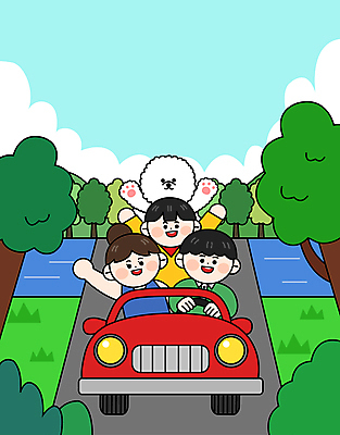 나무 구름 한마리 여자 남자 반려견 아들 어린이 일러스트 가족 자동차 하늘 엄마 휴식 가족여행 웃음 소년 상반신 성인 세명 반려동물 강 손들기 만세 드라이브 운전 아빠 강아지 승차 숲길 국내일러스트 AI파일 자연요소 식물 동물 1 길 육상교통 여행 컨셉 관계 모션 표정 사람 개 파일형식 벡터