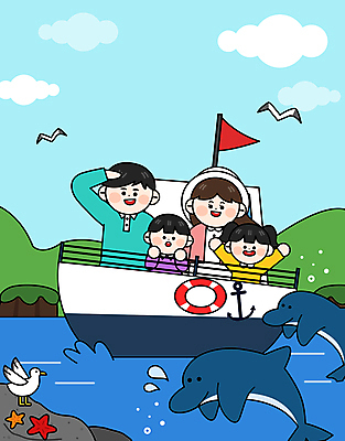 구름 여자 남자 딸 아들 어린이 바다 여러마리 일러스트 가족 갈매기 하늘 엄마 휴식 가족여행 불가사리 소녀 소년 여러명 상반신 성인 손들기 만세 깃발 아빠 승차 구경 돌고래 닻 선박 구명부환 국내일러스트 AI파일 자연요소 여행 다수 컨셉 수상교통 포유류 관계 모션 조류 극피동물 사람 수중동물 안전장비 튜브 파일형식 벡터