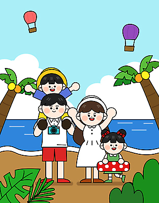 전신 구름 여자 남자 딸 아들 어린이 바다 일러스트 가족 하늘 엄마 휴식 가족여행 서기 소녀 소년 여러명 성인 해변 여름휴가 바캉스 야자수 카메라 만세 열기구 풀 목말 아빠 튜브 국내일러스트 AI파일 자연요소 나무 식물 여행 다수 컨셉 관계 항공교통 모션 휴가 사람 전자제품 파일형식 벡터 여름_계절