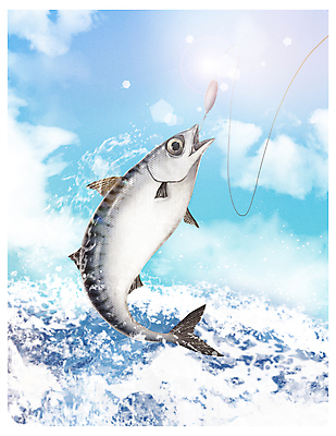 PSD 구름 한마리 파도 바다 하늘색 일러스트 낚시 취미 사람없음 햇빛 태양 낚싯바늘 고등어 바다낚시 낚시줄 낚시찌 손맛 월척 국내일러스트 자연요소 1 레저 어류 파란색 낚시용품 맛 파일형식