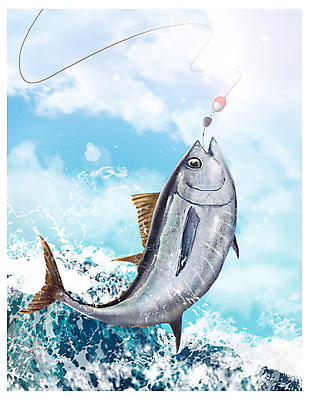 PSD 한마리 파도 바다 하늘색 일러스트 낚시 취미 사람없음 햇빛 낚싯바늘 참치 바다낚시 낚시줄 낚시찌 손맛 월척 국내일러스트 1 레저 어류 파란색 태양 낚시용품 맛 파일형식