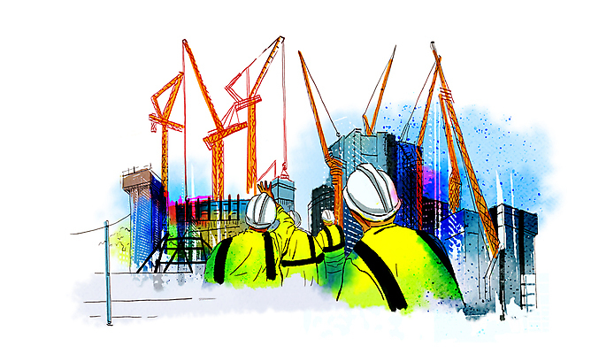 PSD 응시 남자 건축 이동 일러스트 아파트 공사 여러명 상반신 성인 건물 손들기 건설현장 안전모 기중기 타워크레인 공사인부 안전조끼 성인남자만 건설근로자 국내일러스트 직업 건축물 시선 다수 컨셉 모션 주택 건설업 사람 중장비 헬멧 안전장비 남자만 성인만 파일형식