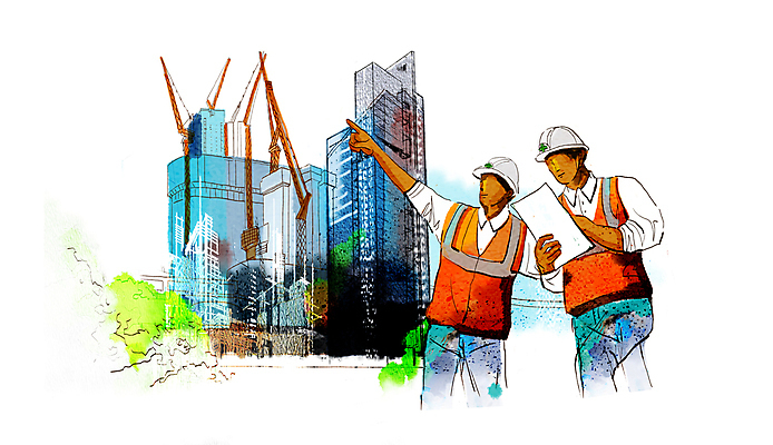 PSD 응시 남자 건축 일러스트 아파트 공사 들기 상반신 성인 두명 건물 건설현장 설계도 가리킴 안전모 타워크레인 공사인부 안전조끼 얼굴없음 성인남자만 건설근로자 국내일러스트 직업 건축물 시선 모션 주택 건설업 사람 손짓 헬멧 안전장비 기중기 남자만 성인만 파일형식