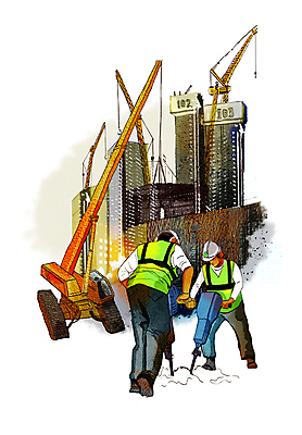 전신 PSD 남자 건축 일러스트 아파트 공사 서기 성인 두명 건물 건설현장 잡기 작업 안전모 드릴 기중기 타워크레인 공사인부 안전조끼 성인남자만 건설근로자 국내일러스트 직업 건축물 모션 주택 건설업 사람 공구 중장비 헬멧 안전장비 남자만 성인만 파일형식