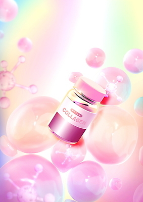 PSD 편집이미지 분홍색 세포 사람없음 뷰티 건강관리 물방울 약병 피부관리 분자구조 콜라겐 이미지편집 컬러 건강 관리 약 단백질 병_담는 파일형식