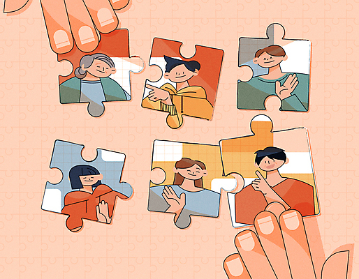 손 여자 노년 남자 일러스트 이야기 대화 여러명 상반신 성인 신체부위 손들기 퍼즐 사회 연결 퍼즐조각 소통 맞추기 조율 코랄 국내일러스트 AI파일 컬러 조각 다수 컨셉 모션 말하기 사람 공동체 파일형식 벡터