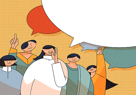 여자 남자 말풍선 일러스트 말하기 대화 손짓 여러명 상반신 성인 노란색 손들기 외침 발표 그룹 의견 소통 주장 성인만 국내일러스트 AI파일 컬러 다수 컨셉 모션 사람 소리 파일형식 벡터