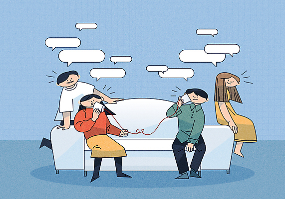 전신 여자 남자 하늘색 말풍선 일러스트 말하기 대화 서기 들기 앉기 여러명 성인 소파 듣기 실전화기 의견 소통 성인만 국내일러스트 AI파일 다수 컨셉 의자 모션 사람 파란색 파일형식 벡터