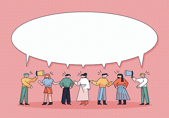 전신 여자 남자 분홍색 허리손 말풍선 일러스트 말하기 대화 서기 들기 여러명 성인 손들기 확성기 의견 소통 얼굴없음 성인만 카피스페이스 국내일러스트 AI파일 컬러 포즈 다수 컨셉 모션 사람 공백 파일형식 벡터