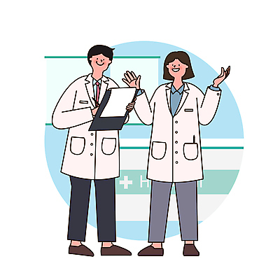 전신 여자 남자 하늘색 일러스트 의학 병원 대화 서기 들기 성인 두명 펜 손들기 의사 기록 의사가운 원형 문서 서류판 성인만 국내일러스트 AI파일 도형 모션 말하기 사람 파란색 필기구 사무용품 의료진 가운 파일형식 벡터