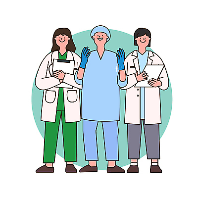 전신 여자 남자 일러스트 의학 서기 들기 성인 세명 손들기 진료 의사 의사가운 원형 문서 수술복 수술장갑 민트색 서류판 성인만 국내일러스트 AI파일 도형 컬러 장갑 모션 사람 사무용품 의료진 가운 파일형식 벡터