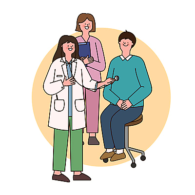 전신 여자 남자 의자 일러스트 의학 청진기 서기 들기 앉기 성인 세명 노란색 진료 환자 간호사 의사 의사가운 원형 서류판 성인만 국내일러스트 AI파일 도형 컬러 가구 의료기기 모션 사람 사무용품 의료진 가운 파일형식 벡터
