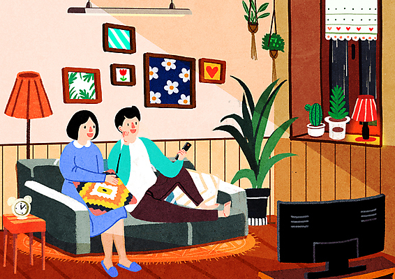 전신 PSD 부부 여자 남자 화분 시계 액자 쿠션 일러스트 창문 휴식 선인장 들기 앉기 성인 두명 소파 텔레비전 턱괴기 스탠드 리모컨 티비시청 성인만 국내일러스트 식물 커플 컨셉 의자 모션 조명 사람 전자제품 시청_보고들음 파일형식