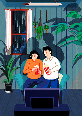 PSD 식물 부부 여자 남자 화분 액자 일러스트 창문 휴식 선인장 그림자 들기 앉기 상반신 성인 두명 파란색 소파 텔레비전 비 무서움 팝콘 티비시청 공포영화 성인만 국내일러스트 자연요소 커플 감정 컬러 컨셉 의자 모션 날씨 사람 전자제품 영화 시청_보고들음 파일형식