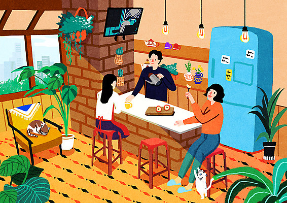 전신 PSD 여자 남자 화분 액자 포크 두마리 의자 일러스트 전구 창문 휴식 선인장 서기 들기 앉기 상반신 성인 세명 주방 텔레비전 고양이 머그컵 붓기 커피포트 냉장고 티비시청 나무도마 아일랜드식탁 성인만 반려묘 국내일러스트 식물 식기 가구 컨셉 2 포유류 모션 식탁 주전자 도마 사람 목재 컵 전자제품 반려동물 가전제품 시청_보고들음 파일형식