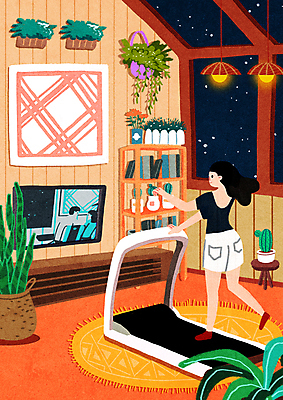 전신 PSD 식물 여자 화분 거실 일러스트 창문 탁자 휴식 책장 한명 성인 달리기 운동 텔레비전 카펫 야간 런닝머신 티비시청 성인여자한명만 홈트레이닝 국내일러스트 자연요소 1 가구 컨셉 모션 건강 사람 전자제품 운동기구 시청_보고들음 여자한명만 성인여자만 파일형식