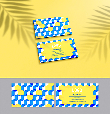 패턴 일러스트 비즈니스 명함 타이포그라피 사람없음 파란색 노란색 육면체 기하학 착시효과 목업 가로명함 국내일러스트 AI파일 도형 문자 컬러 무늬 파일형식 벡터 효과