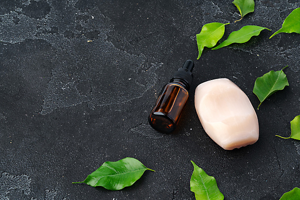 포토 JPG 해외이미지 잎 검은배경 실내 사람없음 뷰티 오브젝트 비누 공병 앰플 해외포토 식물 백그라운드 내부 위생용품 검은색 병_담는 파일형식 이미지허브