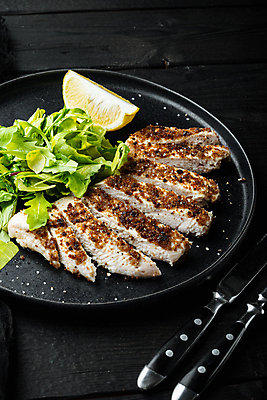 포토 JPG 해외이미지 접시 포크 스테이크 사람없음 샐러드 나이프 굽기 레몬 닭가슴살 해외포토 식기 음식 과일 서양음식 닭고기 칼 구이 파일형식 이미지허브