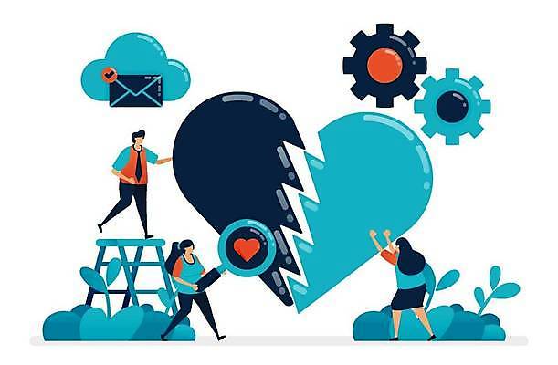 EPS 해외이미지 전신 여자 남자 일러스트 사다리 돋보기 성인 세명 하트 밀기 톱니바퀴 풀기 성인만 쪼개짐 해외일러스트 모양 컨셉 모션 사람 도구 파일형식 벡터 이미지허브