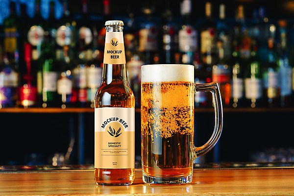 포토 JPG 해외이미지 맥주 실내 사람없음 아웃포커스 맥주잔 맥주병 목업 해외포토 술잔 술병 주류 촬영기법 내부 파일형식 이미지허브