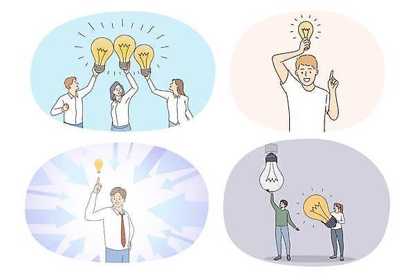 EPS 해외이미지 전신 여자 남자 일러스트 비즈니스 전구 아이디어 들기 여러명 상반신 성인 가리킴 비즈니스맨 비즈니스우먼 성인만 브레인스토밍 해외일러스트 다수 컨셉 모션 사람 손짓 직장인 파일형식 벡터 이미지허브