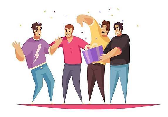 EPS 해외이미지 전신 남자 일러스트 선물 서기 웃음 들기 손짓 여러명 성인 친구 선물상자 파티 놀람 축하 가리킴 꽃가루 서프라이즈 성인남자만 해외일러스트 감정 다수 컨셉 관계 모션 표정 사람 이벤트 상자 가루 남자만 성인만 파일형식 벡터 이미지허브