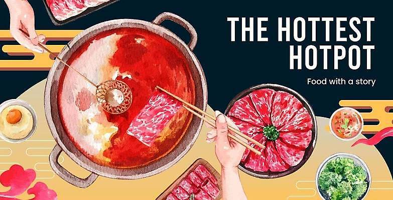 EPS 해외이미지 손 포스터 채소 일러스트 육류 들기 신체부위 노란색 중식 계란 검은색 냄비 전골냄비 젓가락질 훠궈 해외일러스트 음식 컬러 식재료 젓가락 모션 사람 손짓 알 솥 파일형식 벡터 이미지허브