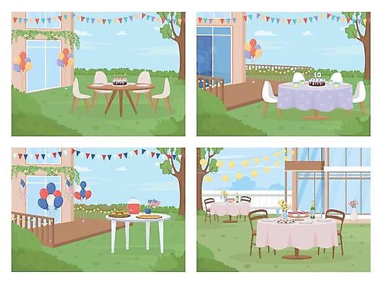 EPS 해외이미지 나무 일러스트 주택 사람없음 파티 정원 축제 풍선 가랜드 뒤뜰 해외일러스트 식물 이벤트 건물 파티용품 파일형식 벡터 이미지허브