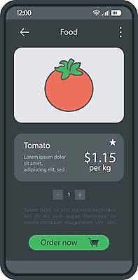 EPS 해외이미지 토마토 일러스트 모바일 사람없음 스마트폰 회색 어플리케이션 구매 온라인쇼핑 UI 온라인몰 인터페이스 해외일러스트 컬러 채소 핸드폰 스마트기기 쇼핑 온라인 파일형식 벡터 이미지허브