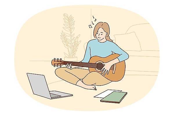 EPS 해외이미지 전신 여자 일러스트 한명 앉기 성인 노트북 공책 통기타 성인여자한명만 해외일러스트 1 모션 문구용품 사람 전자제품 기타 여자한명만 성인여자만 파일형식 벡터 이미지허브