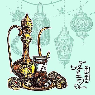 EPS 해외이미지 일러스트 주전자 디저트 사람없음 견과류 등불 축하 차 스케치 라마단 해외일러스트 음료 음식 컨셉 주방용품 조명 미술 파일형식 벡터 이미지허브